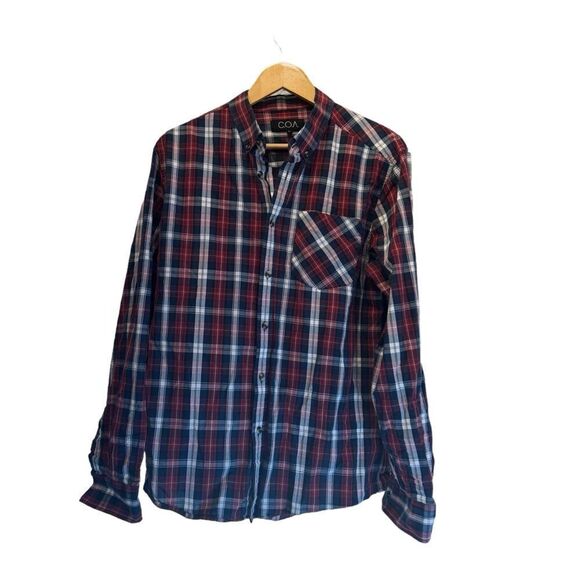 NWOT. C. O. A Men’s Red, White, Blue Plaid Button Up. Size Large. - Picture 1 of 12